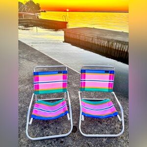 Vintage Rio Beach Collection Low-Sit Folding Chairs – Pastel Stripes, Set of Two